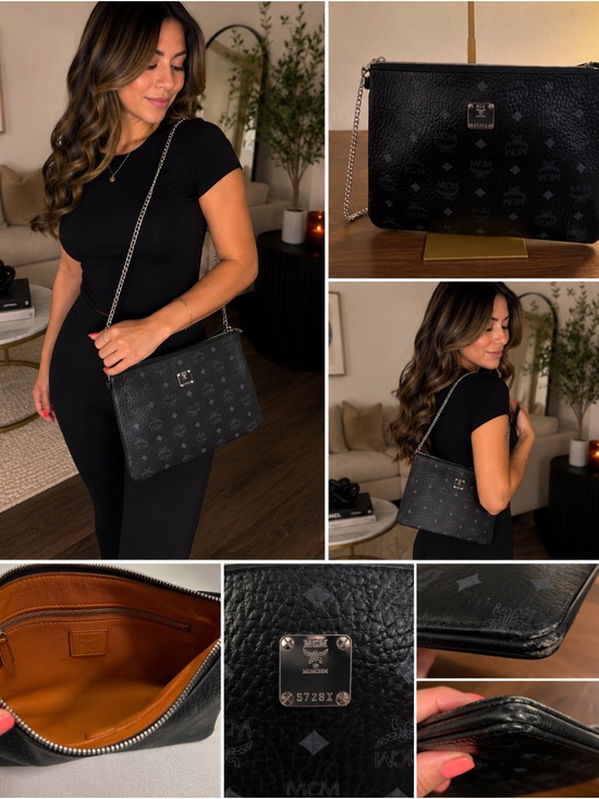 MCM Handbags - 🖤 MCM Black Visetos Leather Chain Zip Pouch / Large Wristlet Clutch